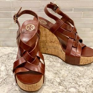 Pre-loved Tory Burch Cognac Leather Wedges